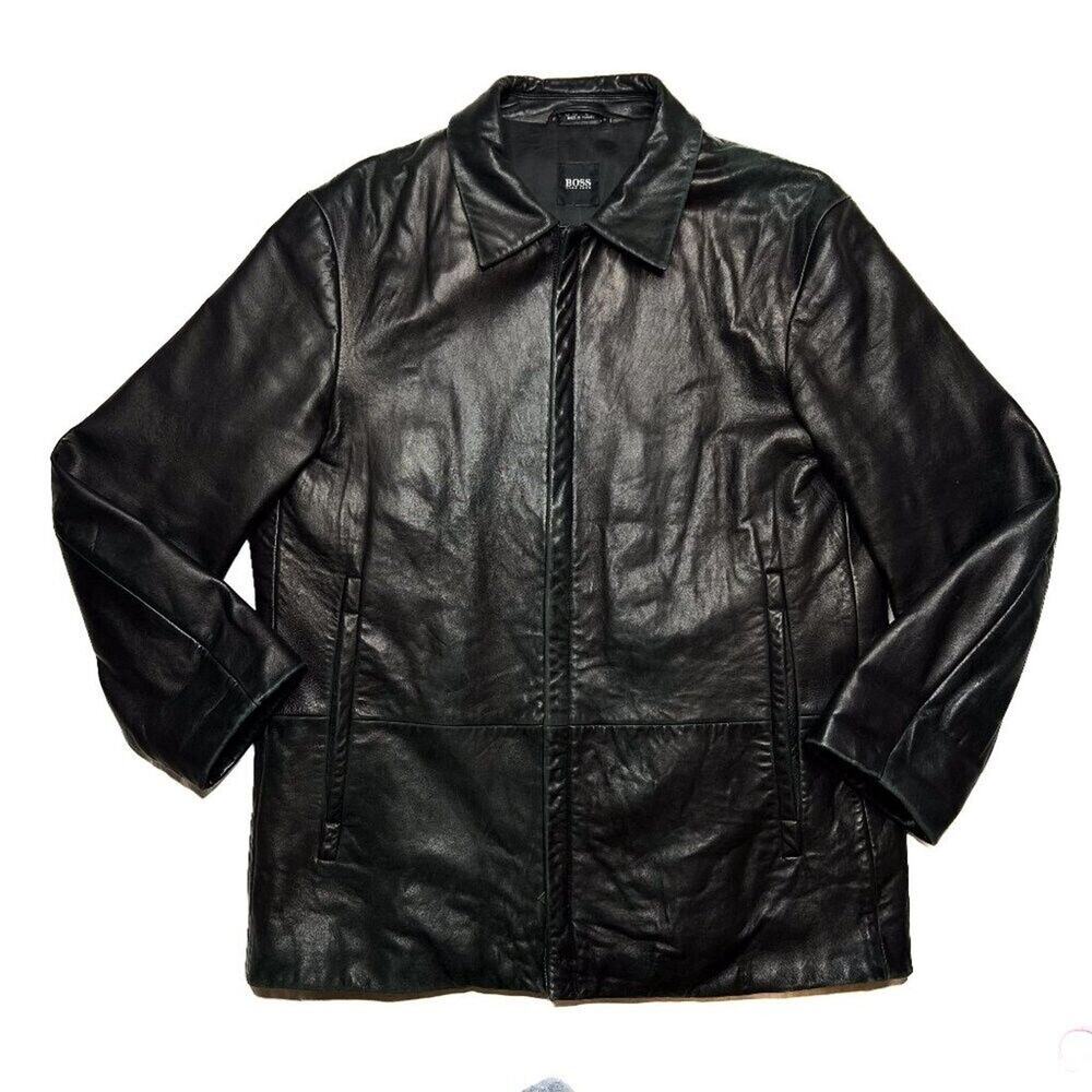 Boss Hugo Boss Lambskin Leather Coat Clifford Zip Up Black 42R Classic Biker